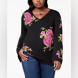 INC International Concepts Woman Sweater V-Neck Black Floral Bell Sleeves 2X